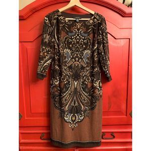 R & M Richards Size 8 Gorgeous Fall Dress Fully Lined All over Pattern Brown EUC